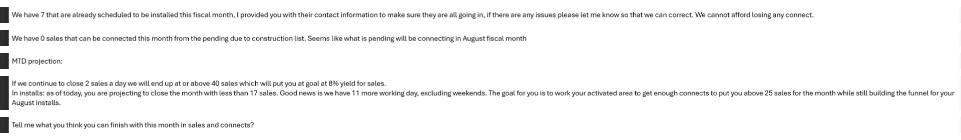 Second half of the mid month email with the projection and closing question